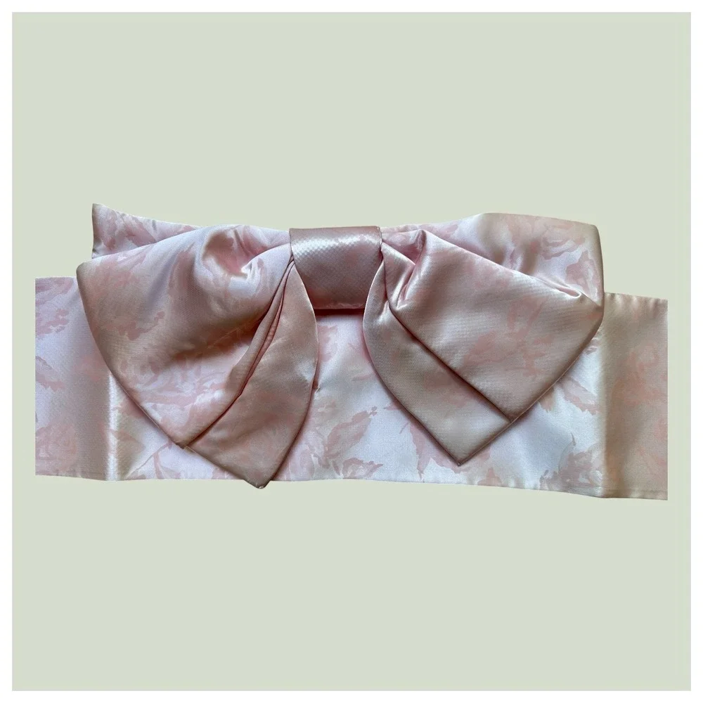 Vintage 1960s Saibi Japanese Tsukuri-Obi Belt Pre Tied Sash Pale Pink Satin Bow